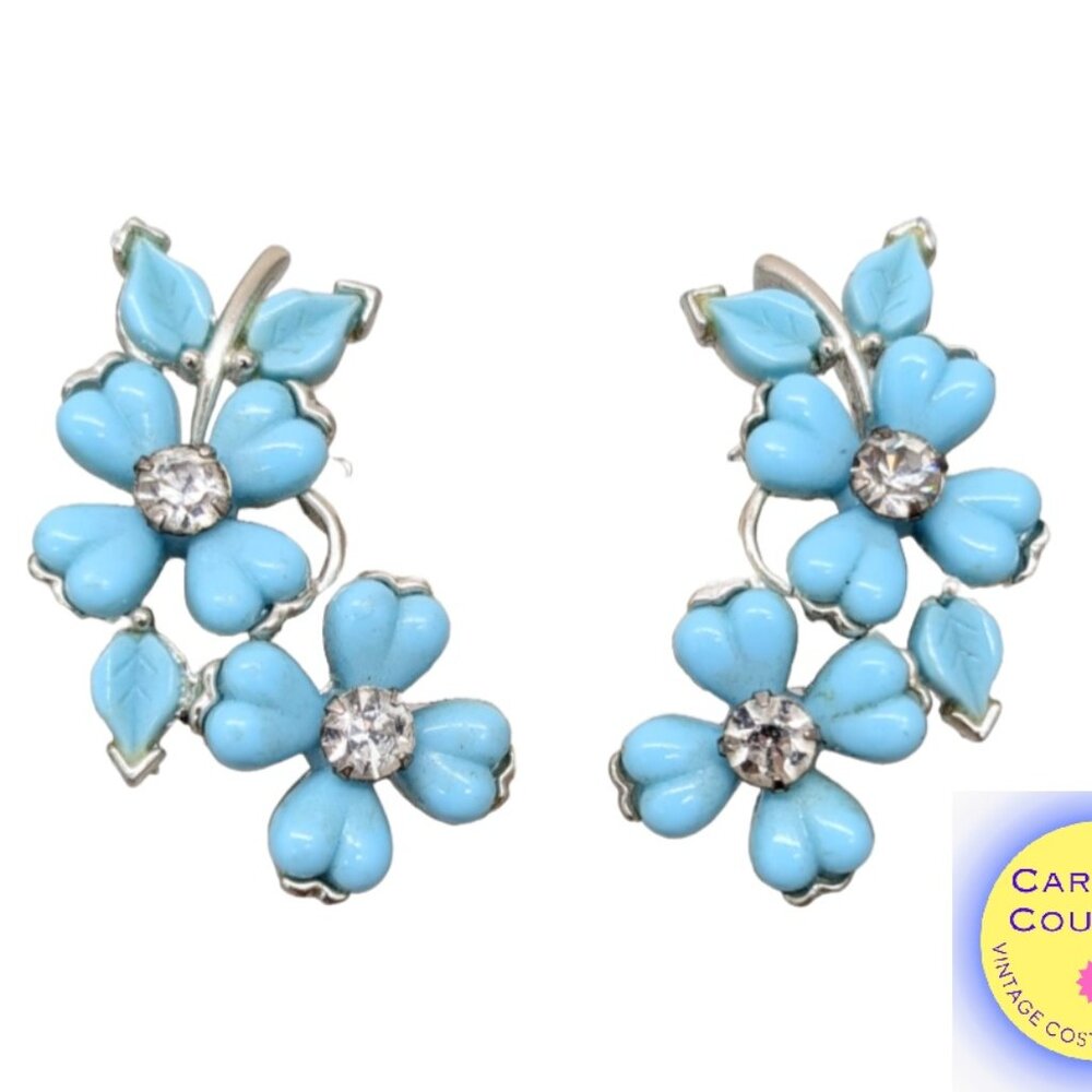 Vintage Signed Kramer Baby Blue Double Flower Clear Rhinestone Clip Earrings